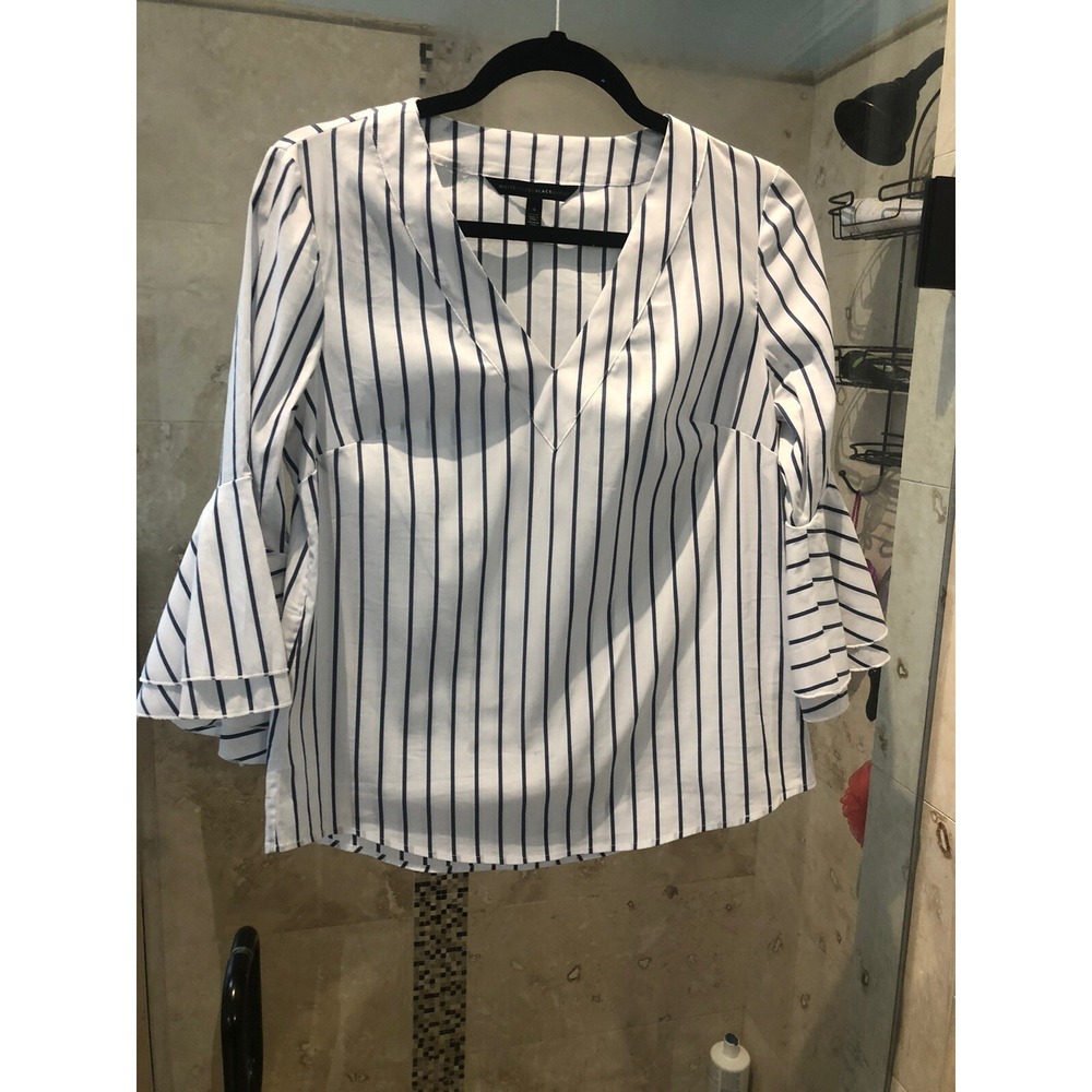 New White House Black Market Striped Peasant Blouse Top S 4 Cotton Nautical